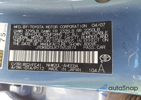 2007 Toyota Prius z USA, uszkodzony, nr VIN JTDKB20UX77653874